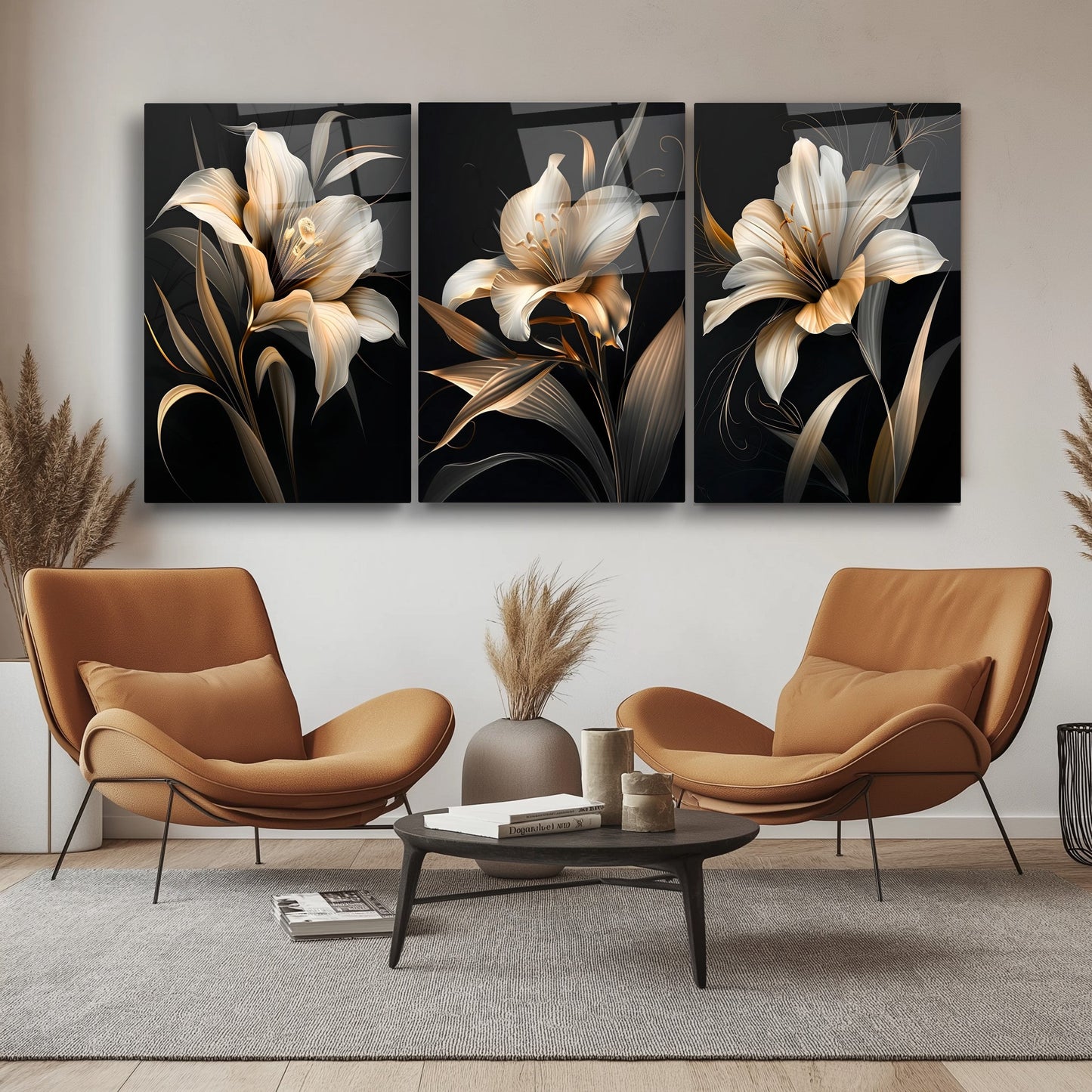 Çiçekler Üçlü Set Cam Tablo