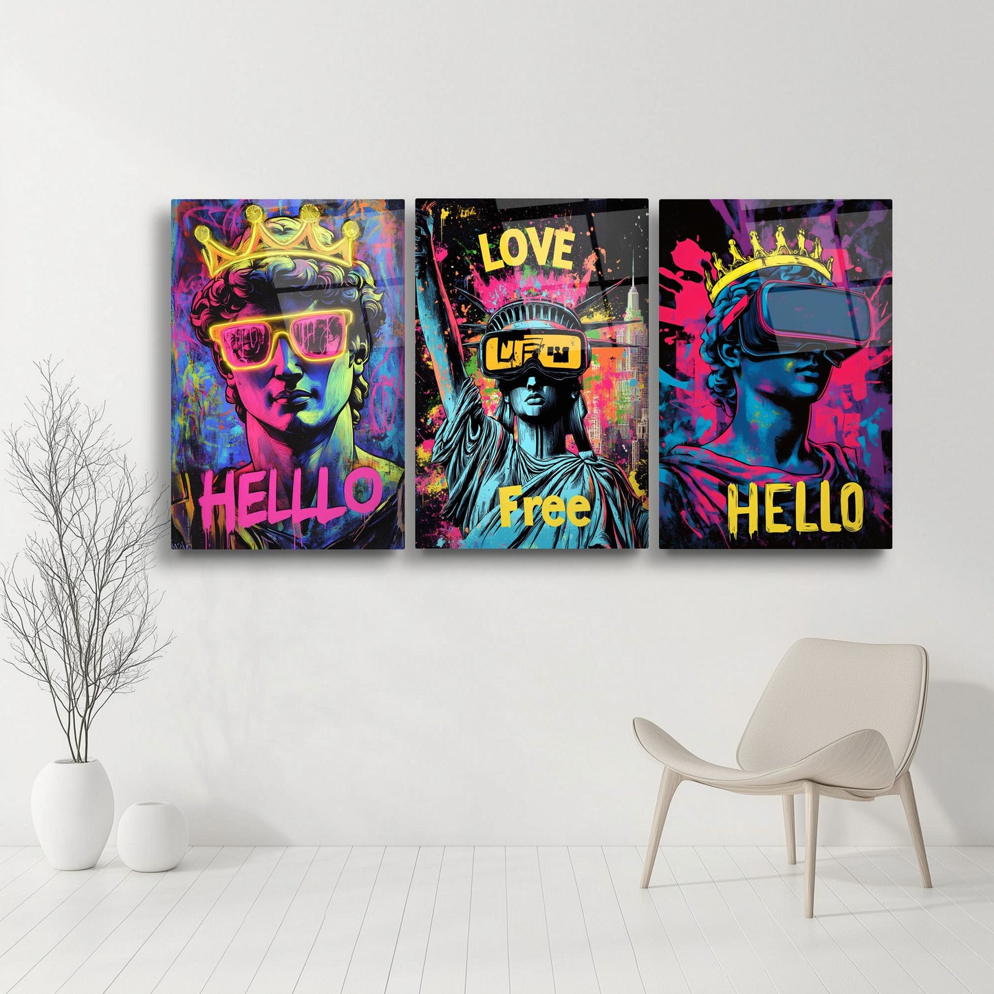 Neon Görünümlü Heykeller Üçlü Set Cam Tablo