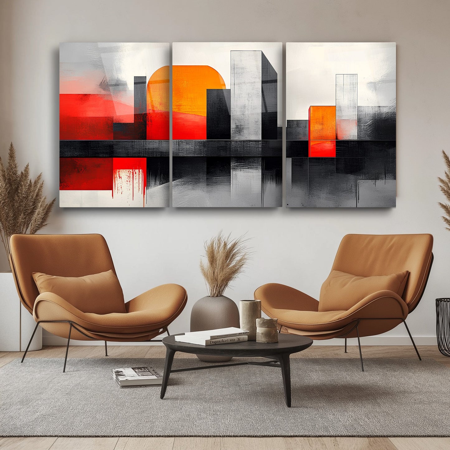 Soyut Turuncu Şehir Üçlü Set Cam Tablo