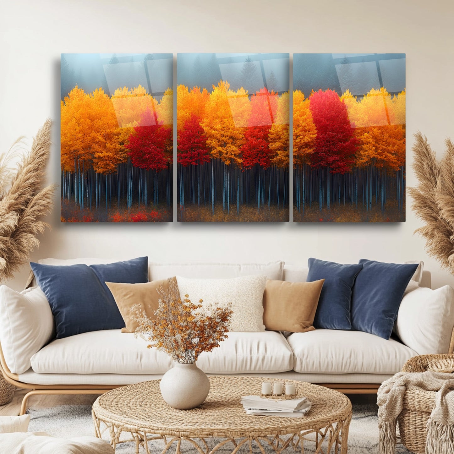 Sonbahar Renkli Orman Üçlü Set Cam Tablo