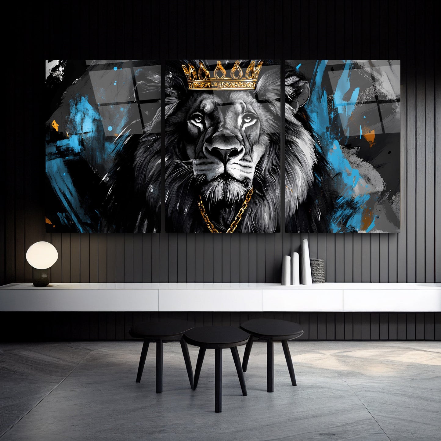 Taçlı Mavi Aslan Üçlü Set Cam Tablo