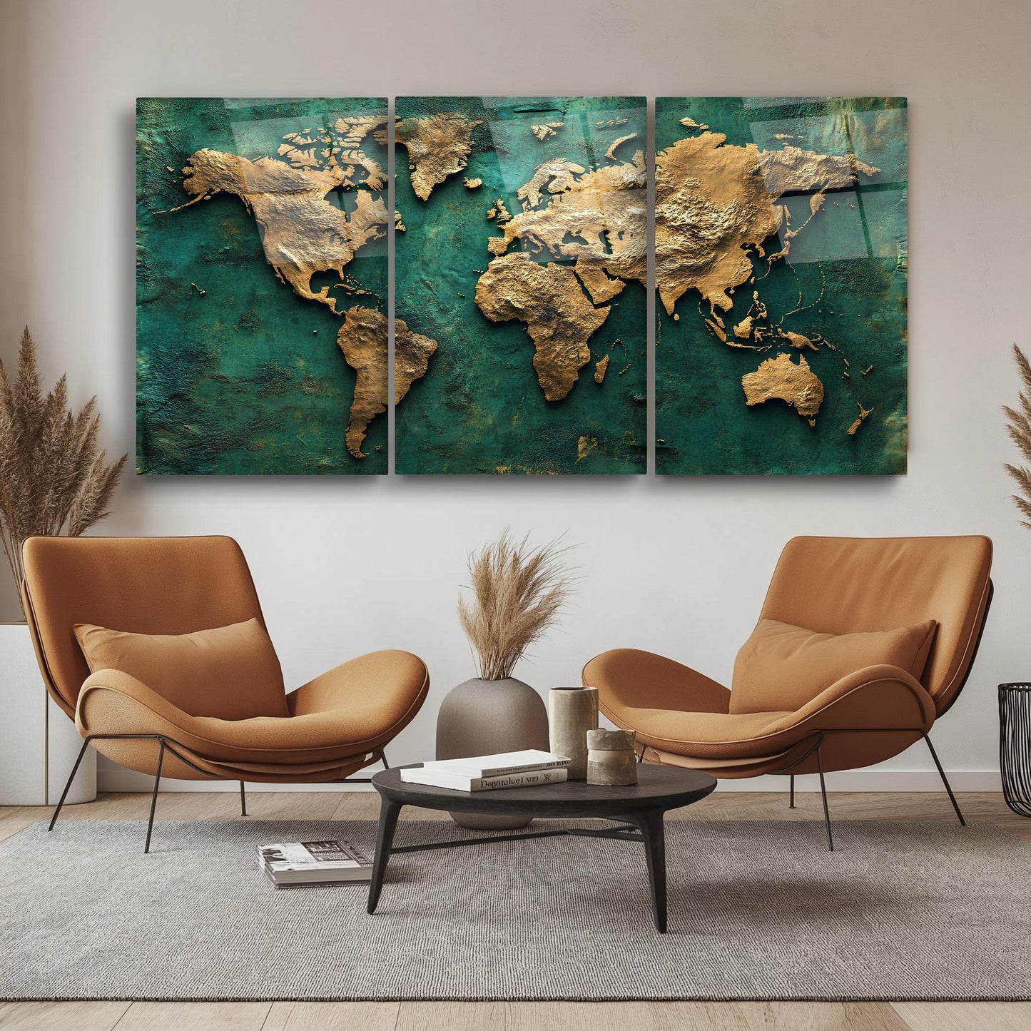 Gold Yeşil Dünya Haritası Üçlü Set Cam Tablo