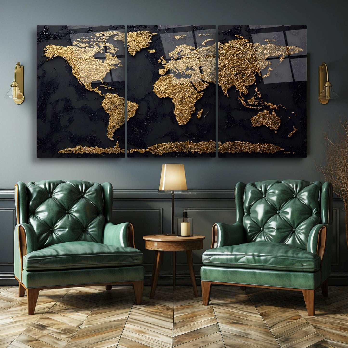 Gold Siyah Dünya Haritası Üçlü Set Cam Tablo