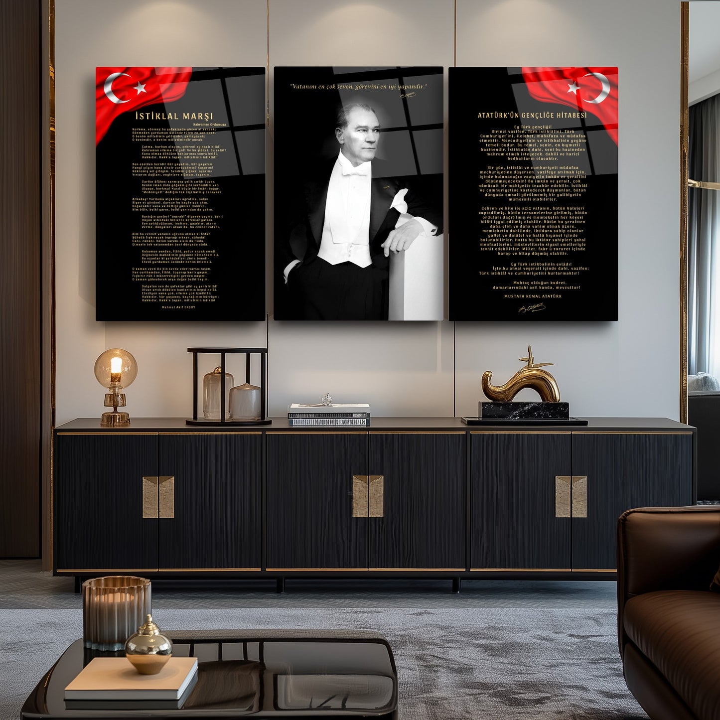 Atatürk Köşesi Üçlü Set Cam Tablo