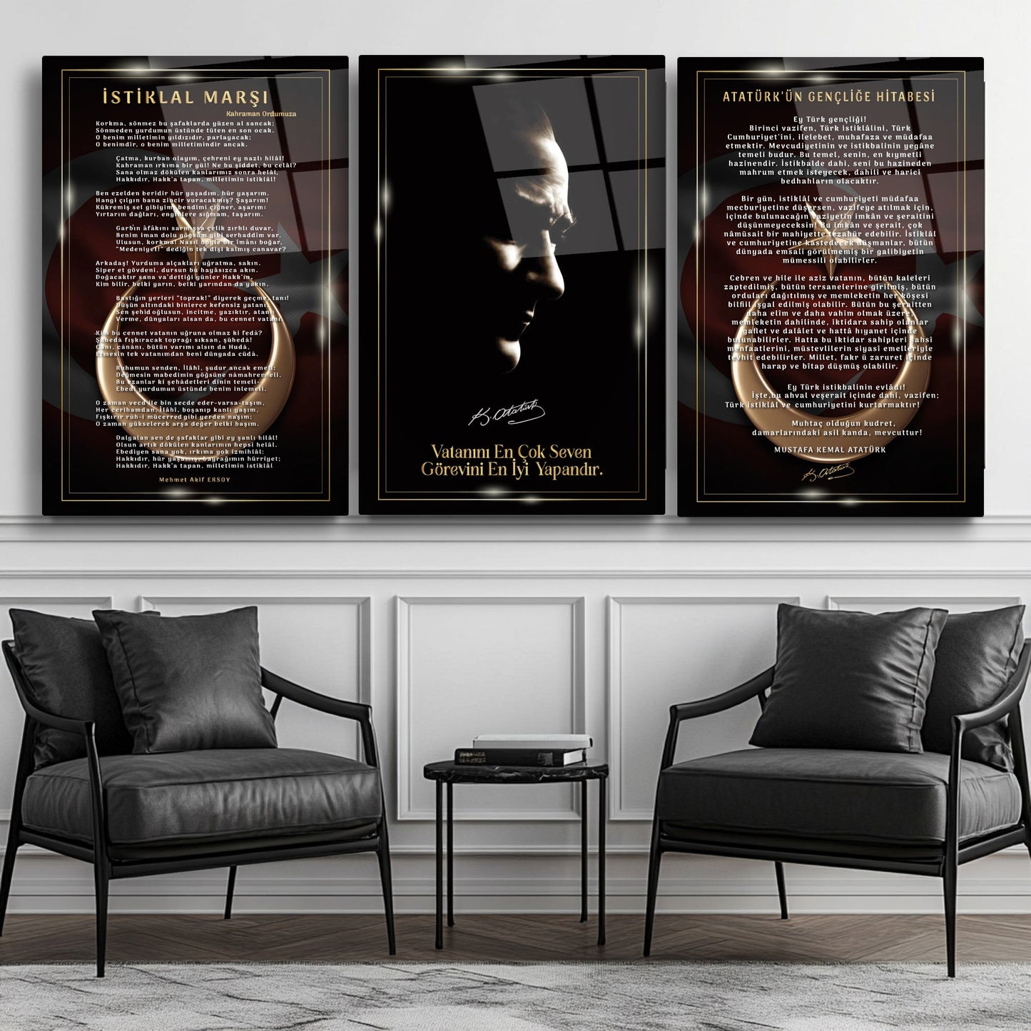 Atatürk Köşesi Üçlü Set Cam Tablo
