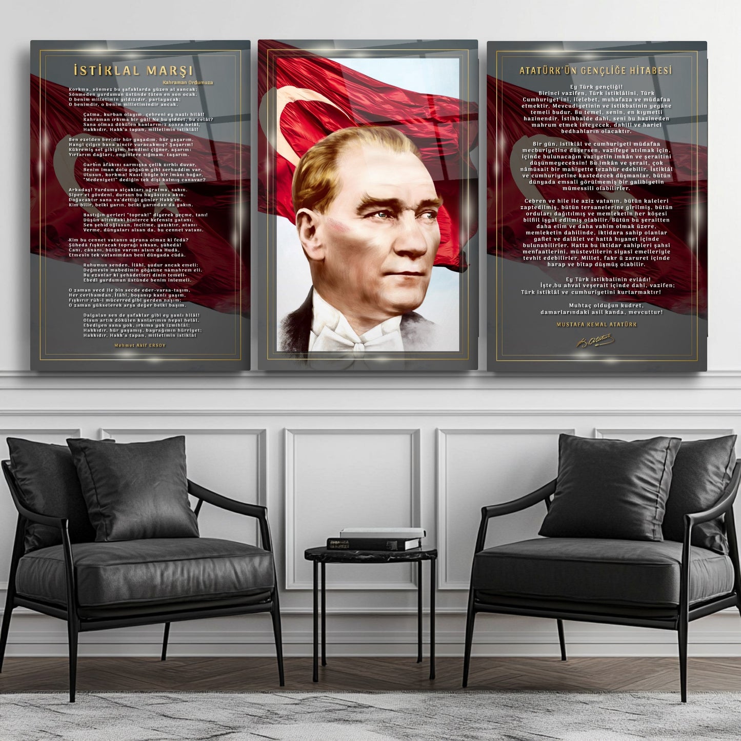 Atatürk Köşesi Üçlü Set Cam Tablo