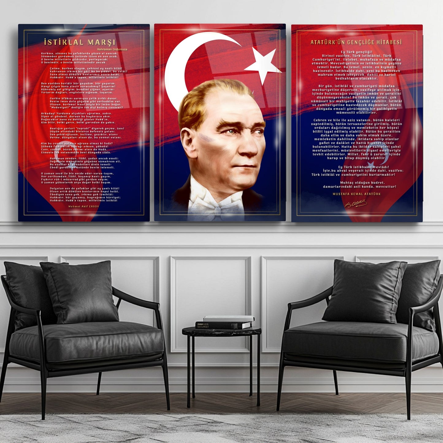 Atatürk Köşesi Üçlü Set Cam Tablo