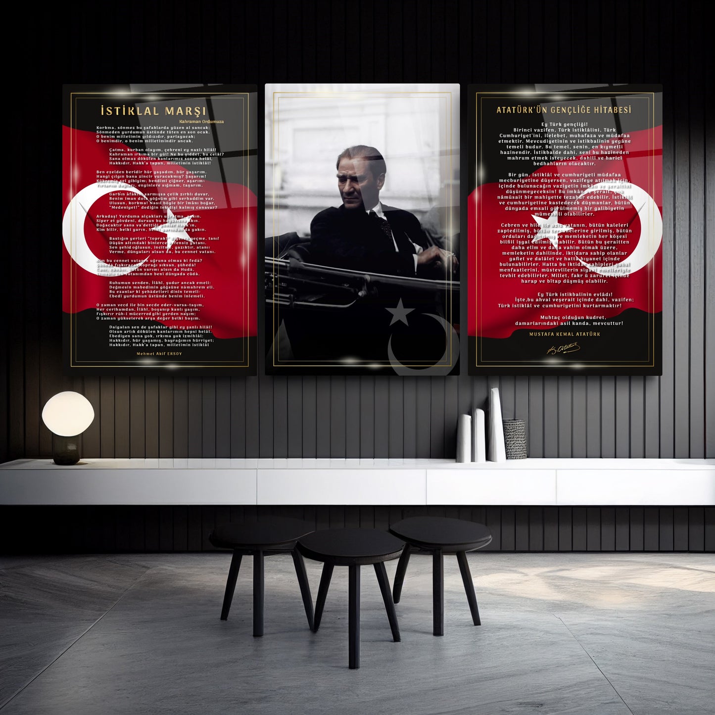 Atatürk Köşesi Üçlü Set Cam Tablo