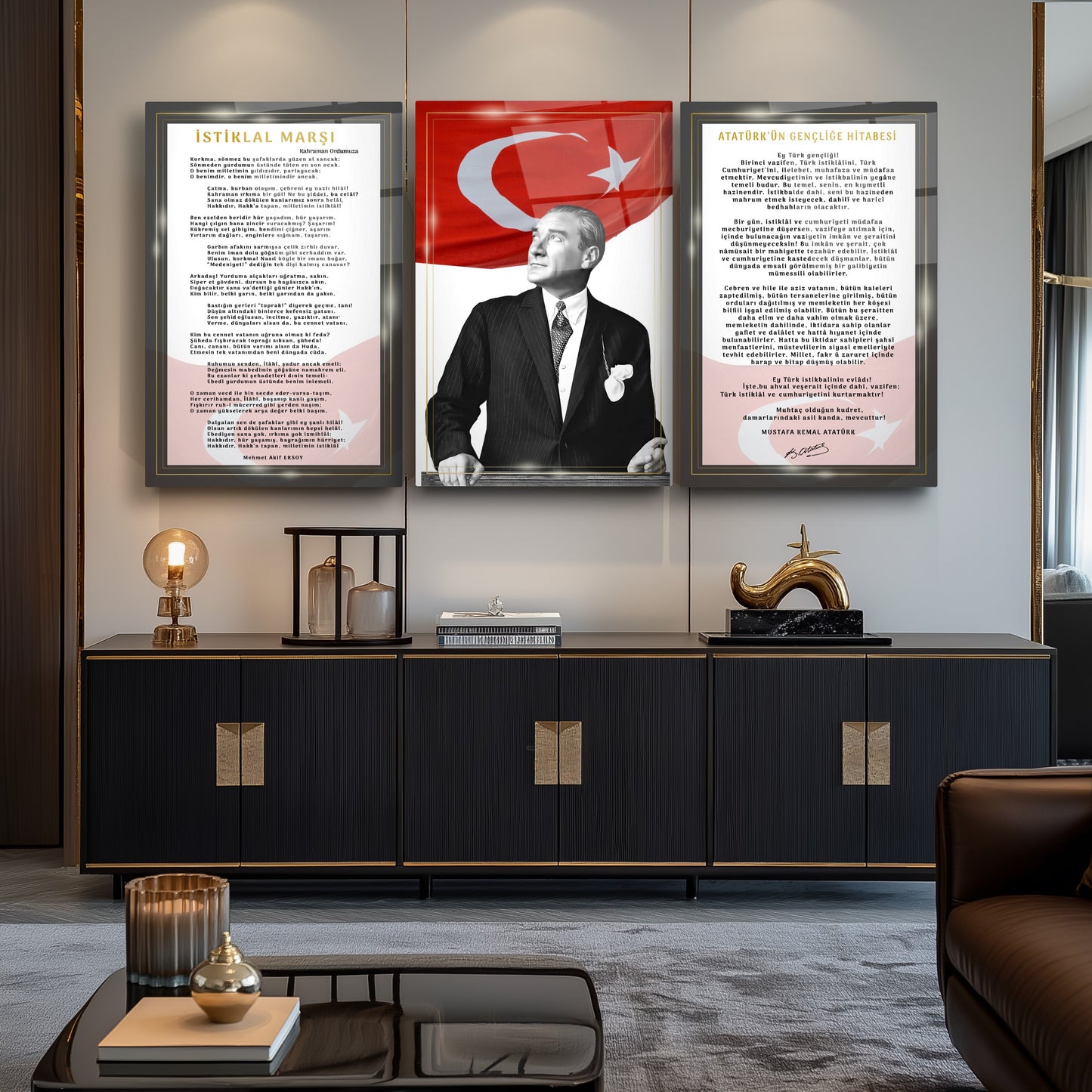 Atatürk Köşesi Üçlü Set Cam Tablo