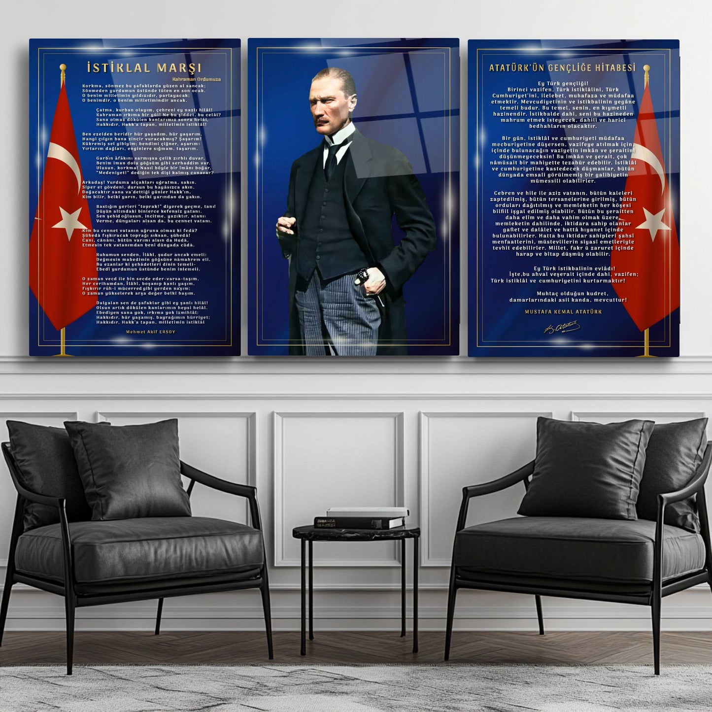 Atatürk Köşesi Üçlü Set Cam Tablo