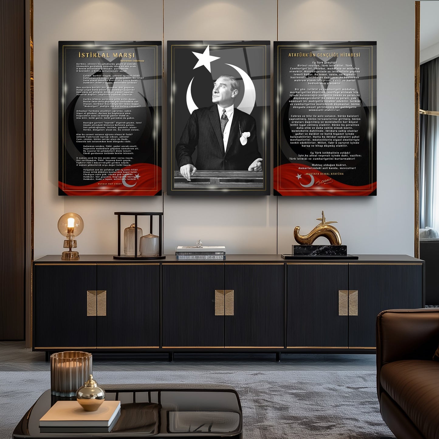 Atatürk Köşesi Üçlü Set Cam Tablo