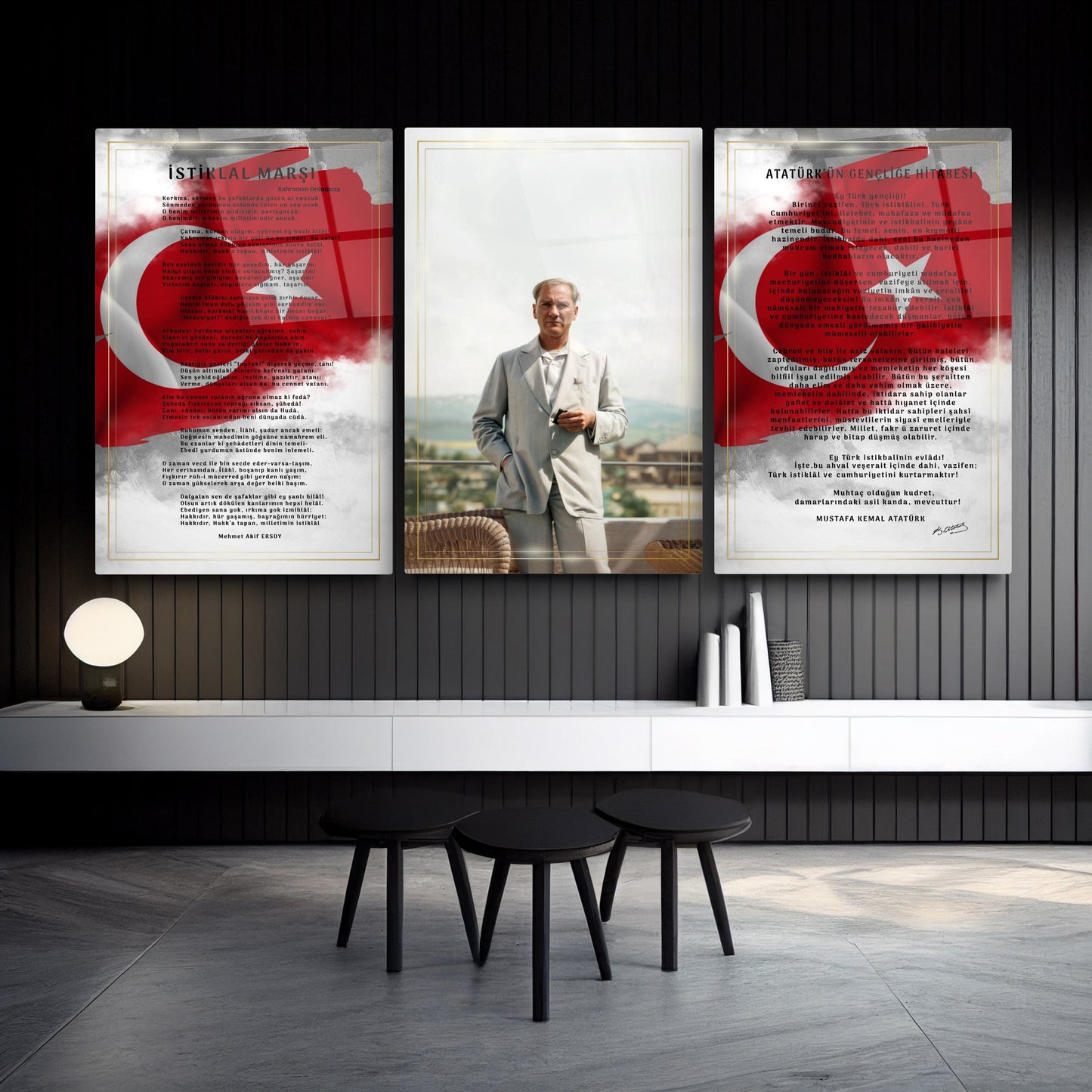 Atatürk Köşesi Üçlü Set Cam Tablo