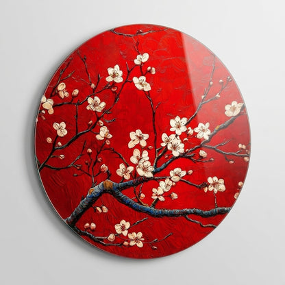 Kırmızı Dokulu Kiraz Çiçeği Dalı Sanat Eseri Yuvarlak Cam Tablo