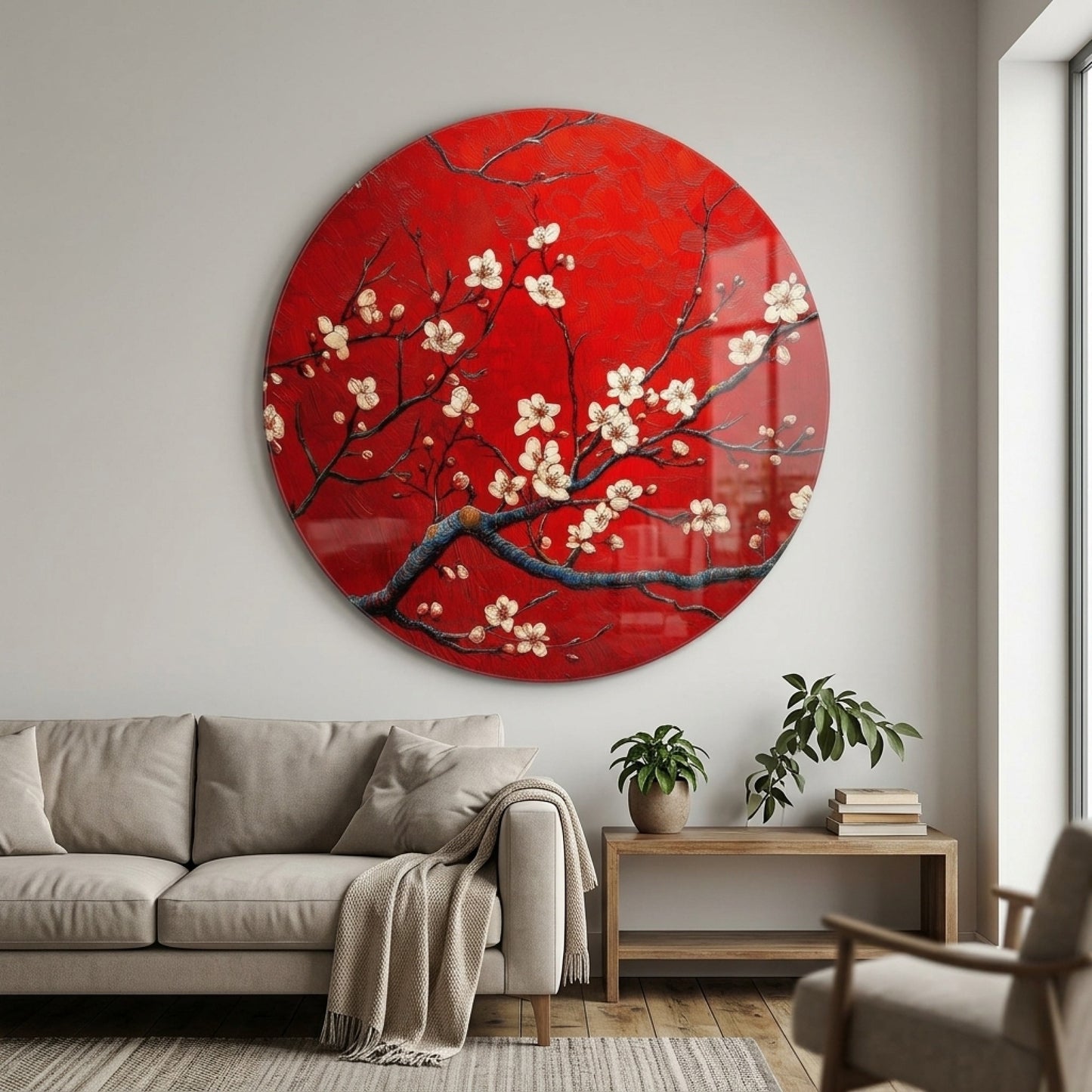 Kırmızı Dokulu Kiraz Çiçeği Dalı Sanat Eseri Yuvarlak Cam Tablo