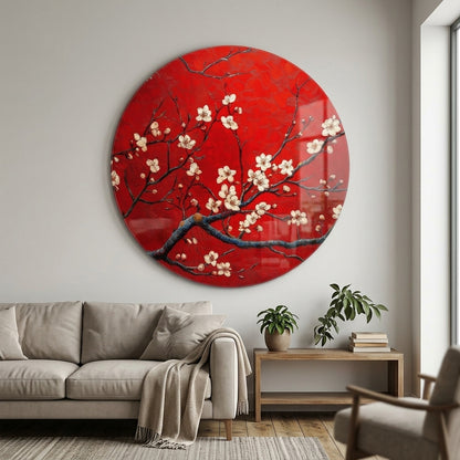 Kırmızı Dokulu Kiraz Çiçeği Dalı Sanat Eseri Yuvarlak Cam Tablo