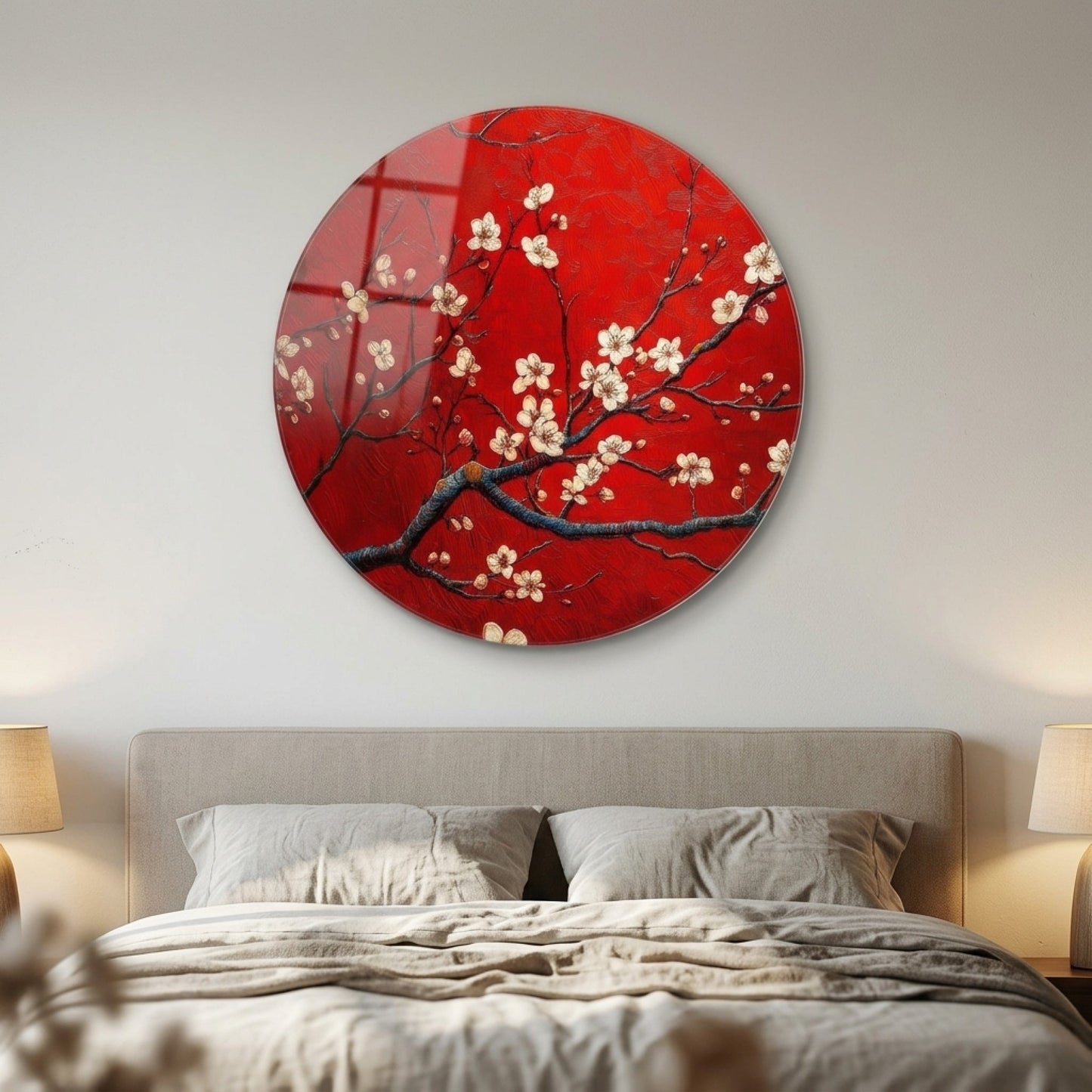 Kırmızı Dokulu Kiraz Çiçeği Dalı Sanat Eseri Yuvarlak Cam Tablo