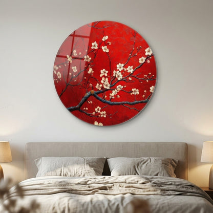 Kırmızı Dokulu Kiraz Çiçeği Dalı Sanat Eseri Yuvarlak Cam Tablo
