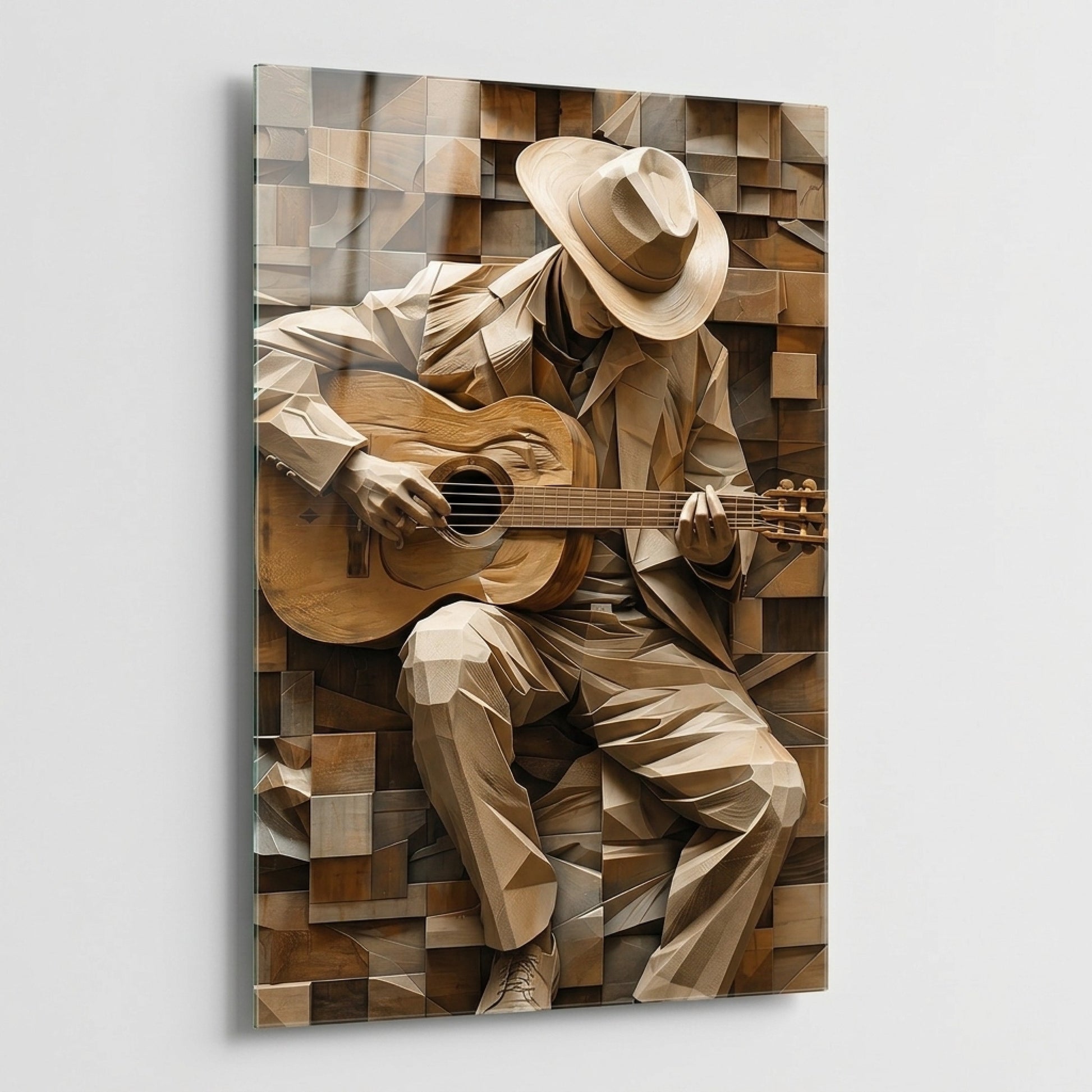 Ahşap Gitarist Sanatı Dikey Cam Tablo