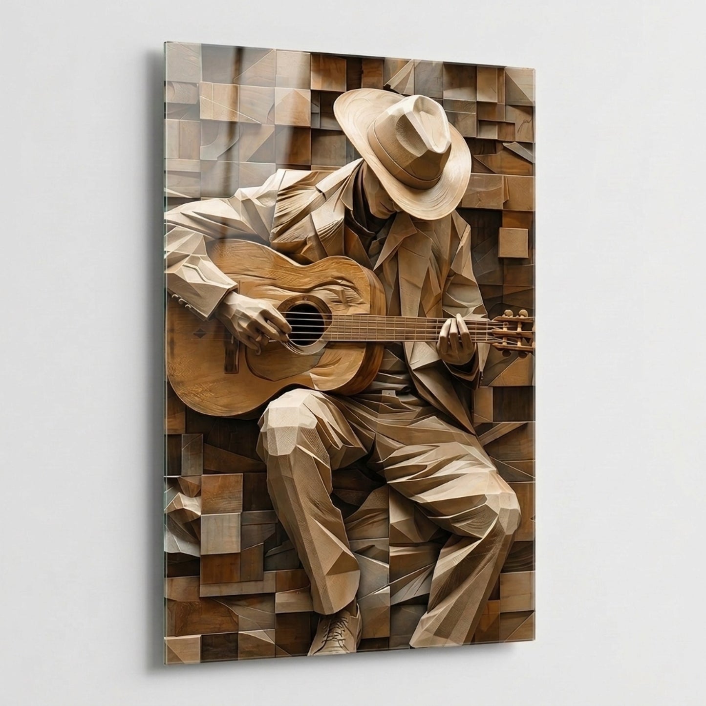 Ahşap Gitarist Sanatı Dikey Cam Tablo
