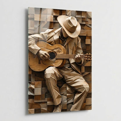 Ahşap Gitarist Sanatı Dikey Cam Tablo
