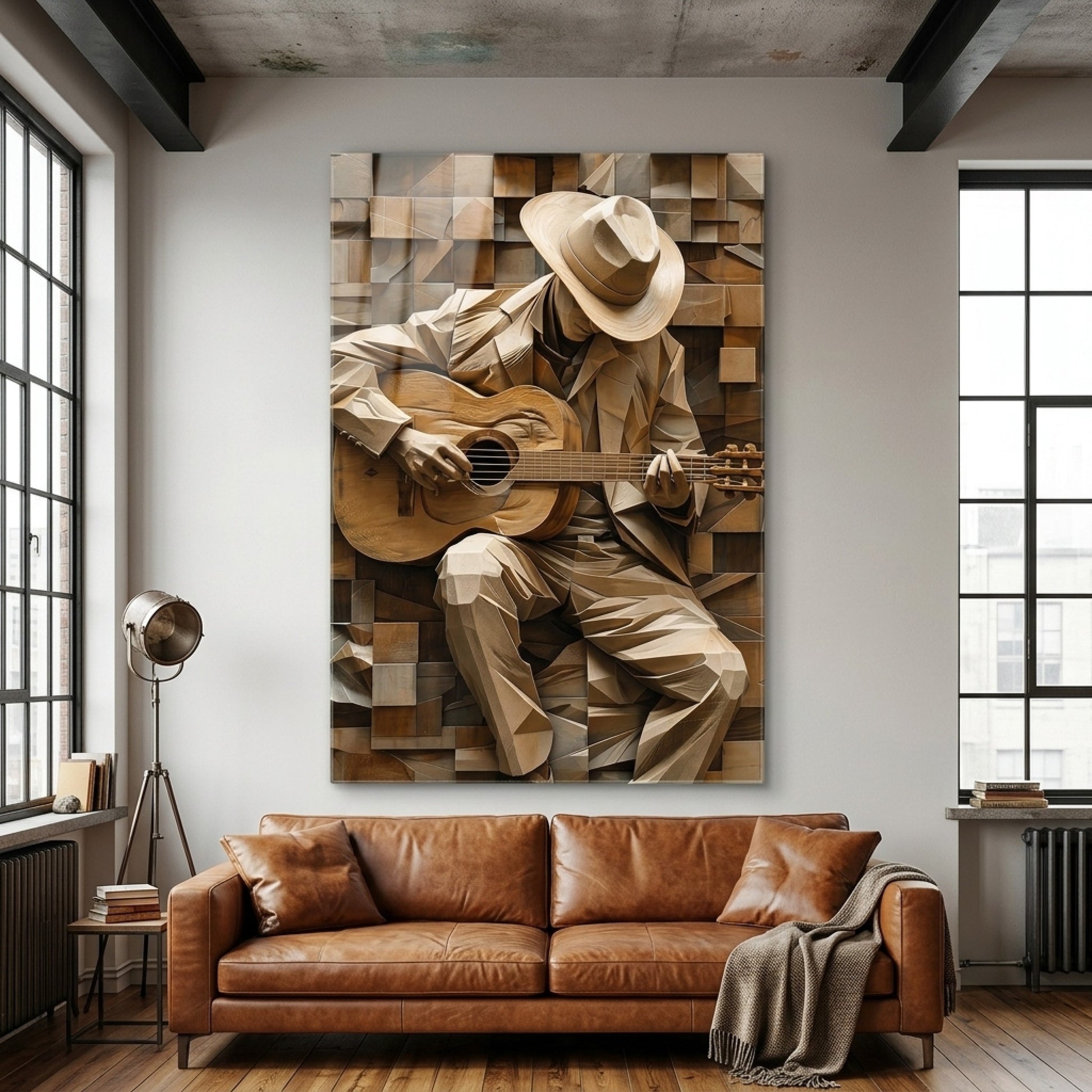 Ahşap Gitarist Sanatı Dikey Cam Tablo