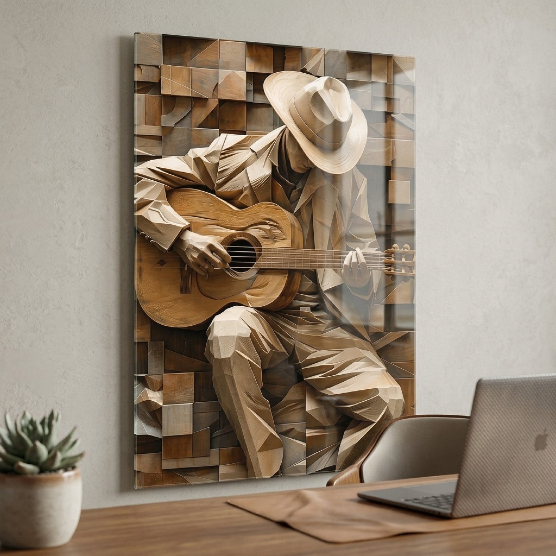 Ahşap Gitarist Sanatı Dikey Cam Tablo