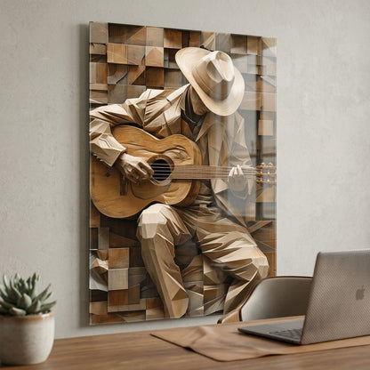 Ahşap Gitarist Sanatı Dikey Cam Tablo