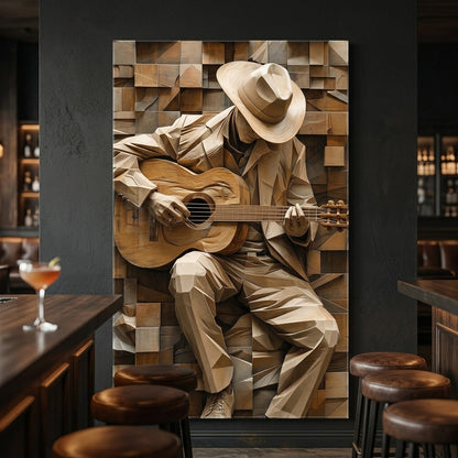 Ahşap Gitarist Sanatı Dikey Cam Tablo