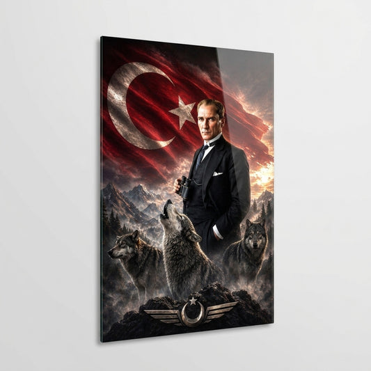 Atatürk Kurtlar ve Türk Bayrağı Temalı Dikey Cam Tablo