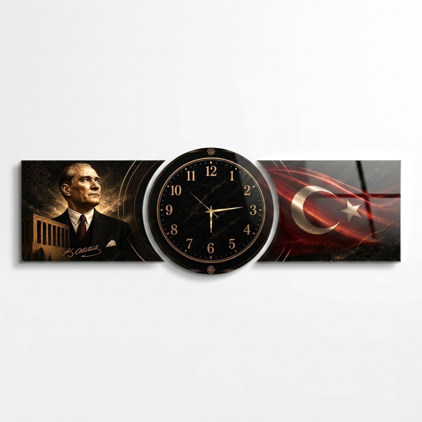 Atatürk ve Bayrak Temalı Saatli Şekilli Kesim Saat Cam Saat