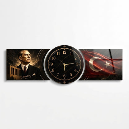 Atatürk ve Bayrak Temalı Saatli Şekilli Kesim Saat Cam Saat