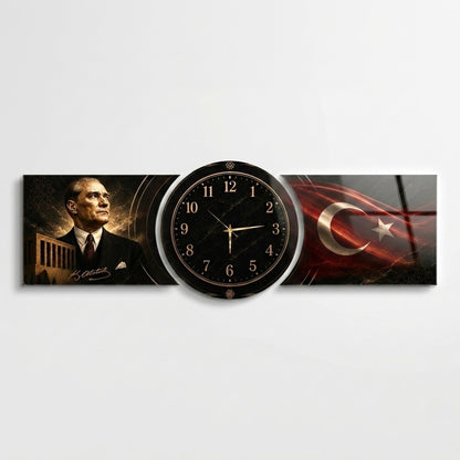 Atatürk ve Bayrak Temalı Saatli Şekilli Kesim Saat Cam Saat