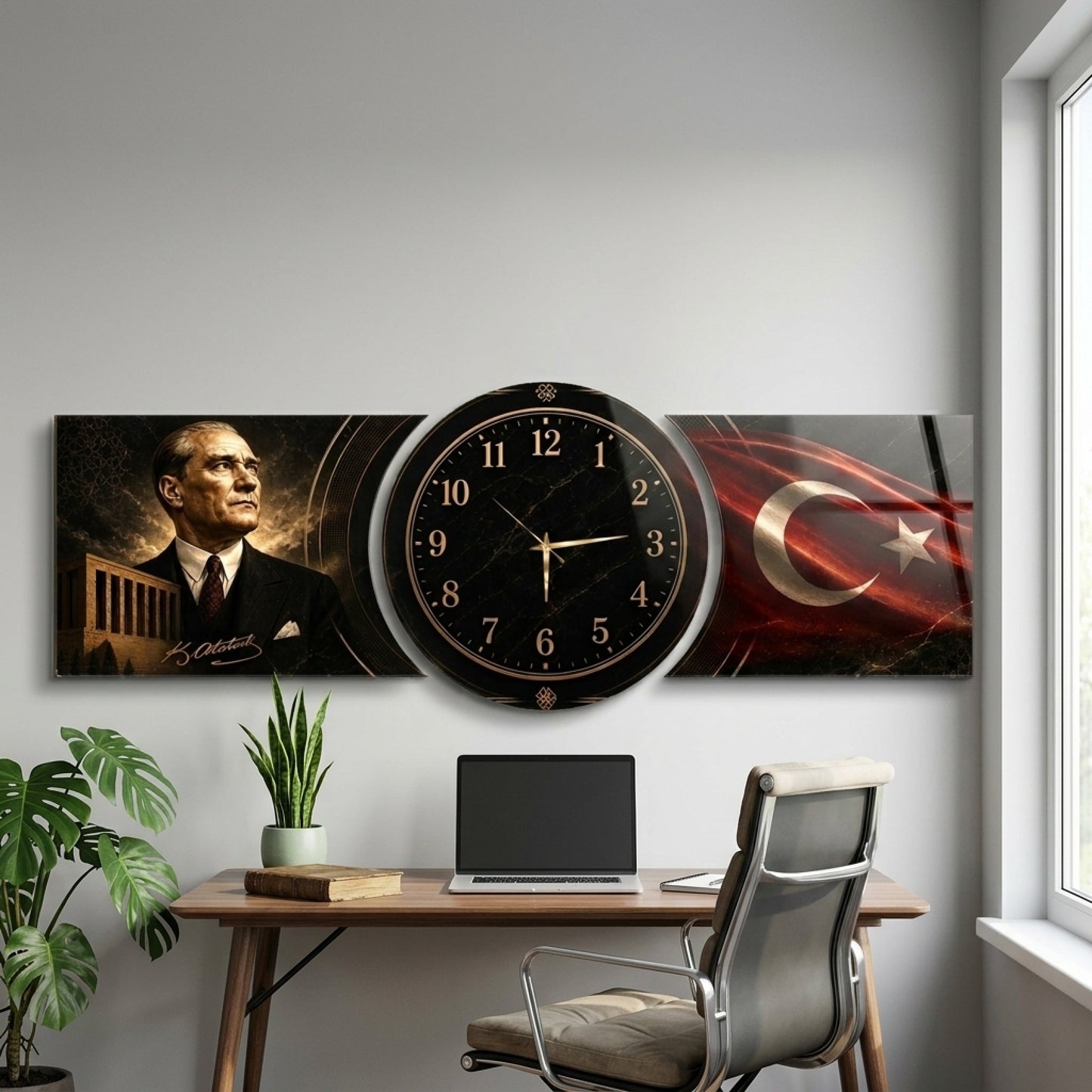 Atatürk ve Bayrak Temalı Saatli Şekilli Kesim Saat Cam Saat