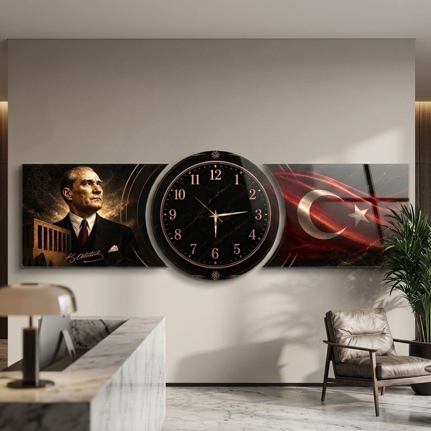 Atatürk ve Bayrak Temalı Saatli Şekilli Kesim Saat Cam Saat