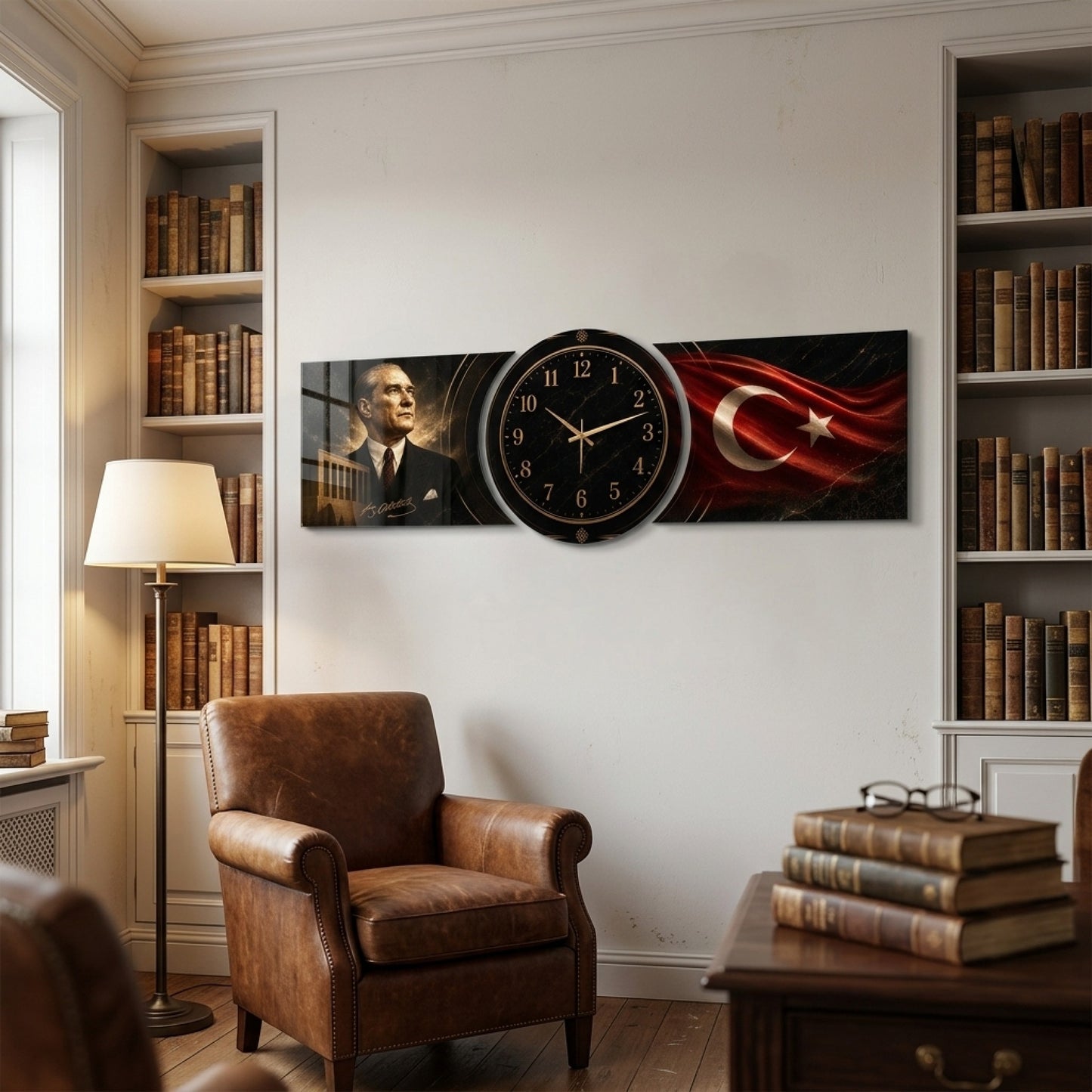 Atatürk ve Bayrak Temalı Saatli Şekilli Kesim Saat Cam Saat
