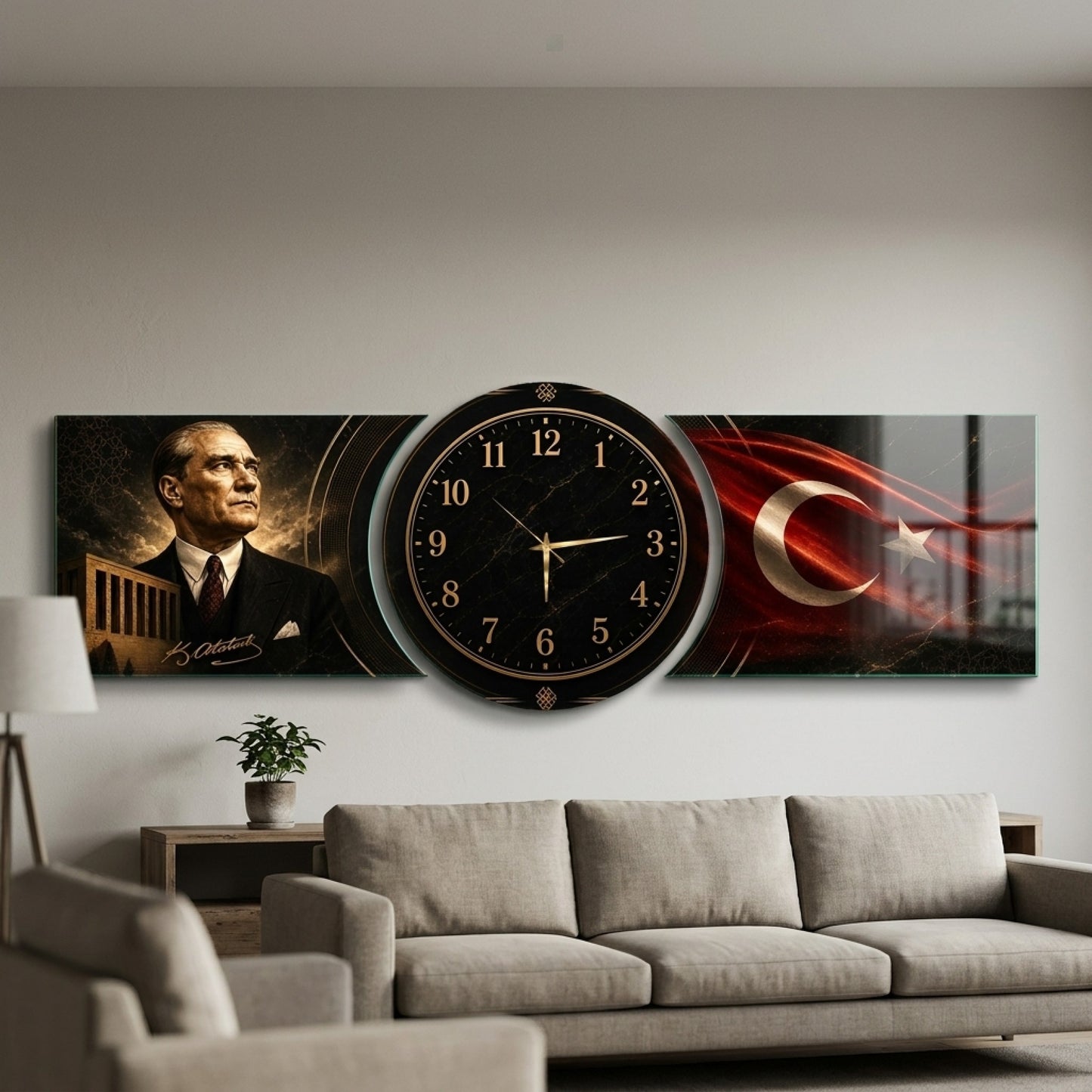 Atatürk ve Bayrak Temalı Saatli Şekilli Kesim Saat Cam Saat