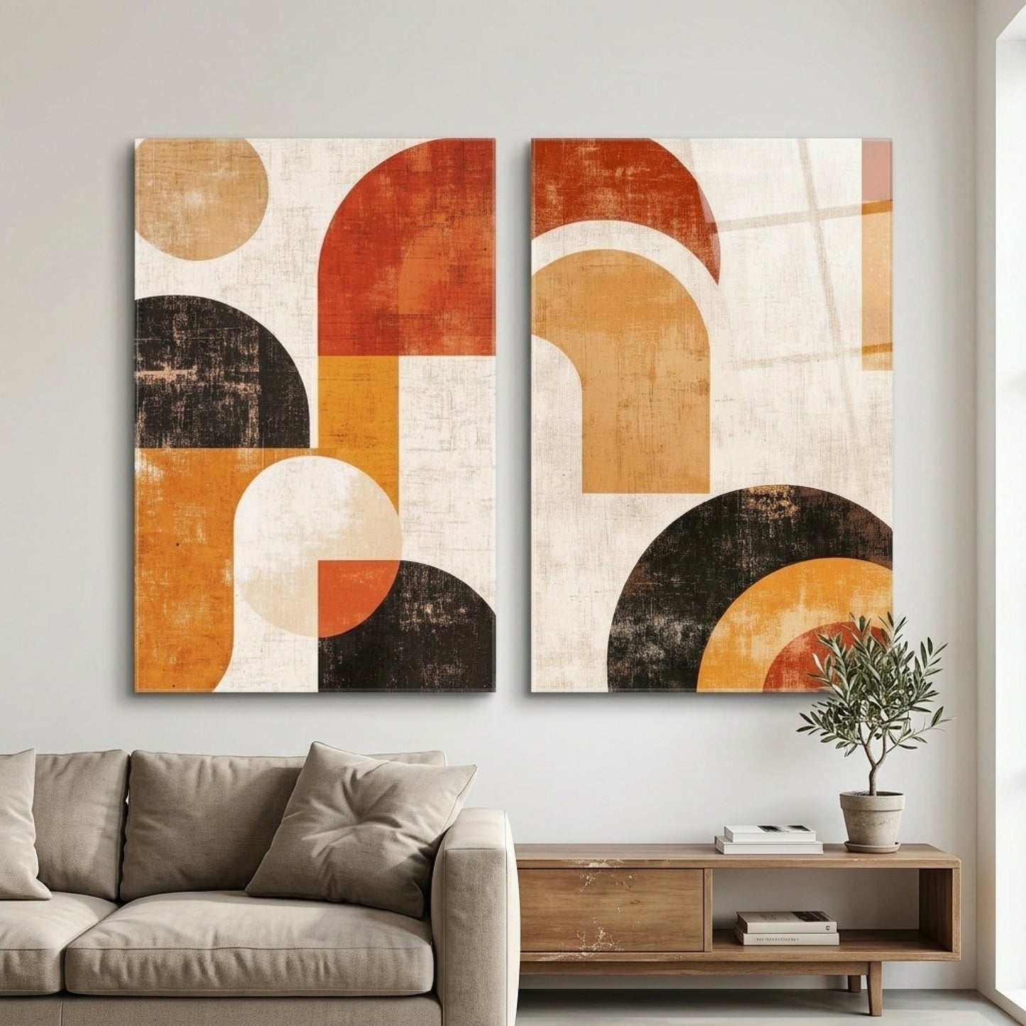 Rustik Geometrik Soyut İkili Cam Paneller Dikey 2'li Set Cam Tablo