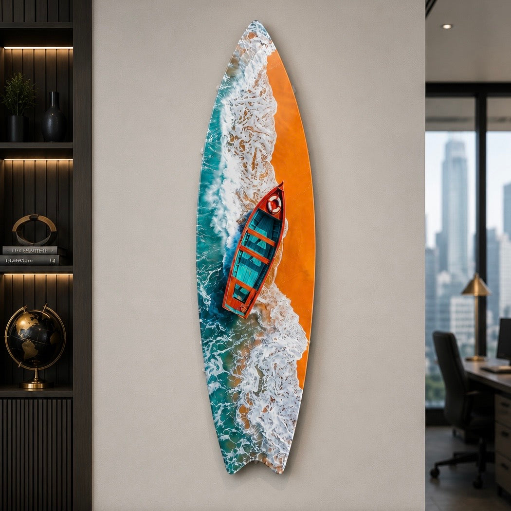 Turkuaz Dalgalar Kırmızı Tekne Surf Board Cam Tablo
