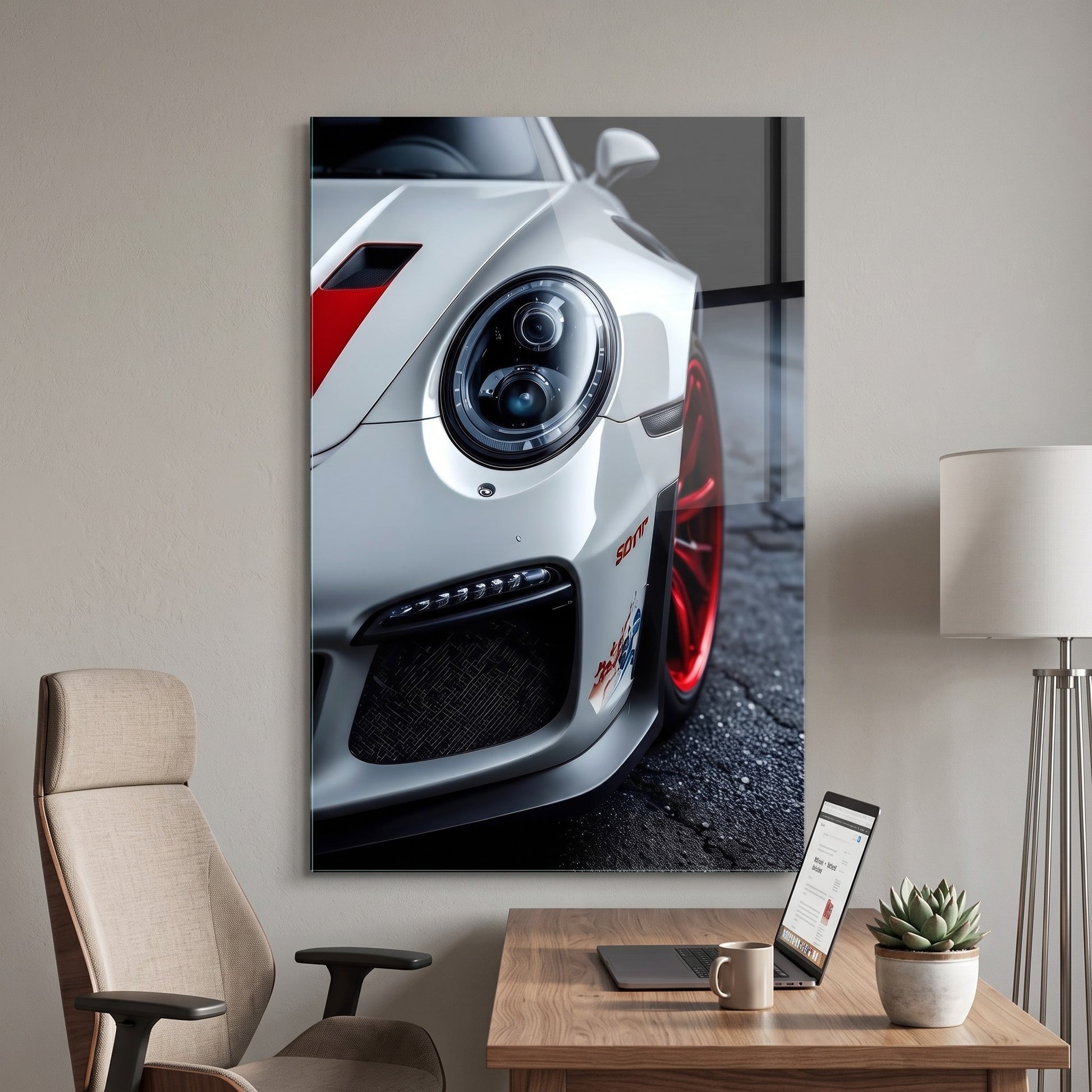 Beyaz Porsche 911 GT3 Detayı Dikey Cam Tablo