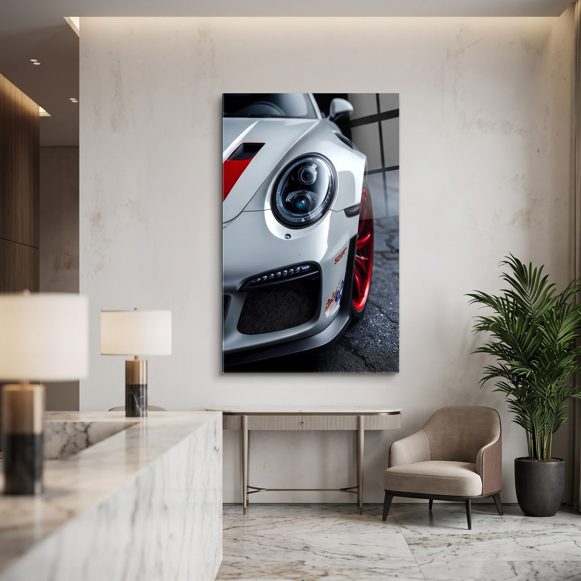 Beyaz Porsche 911 GT3 Detayı Dikey Cam Tablo