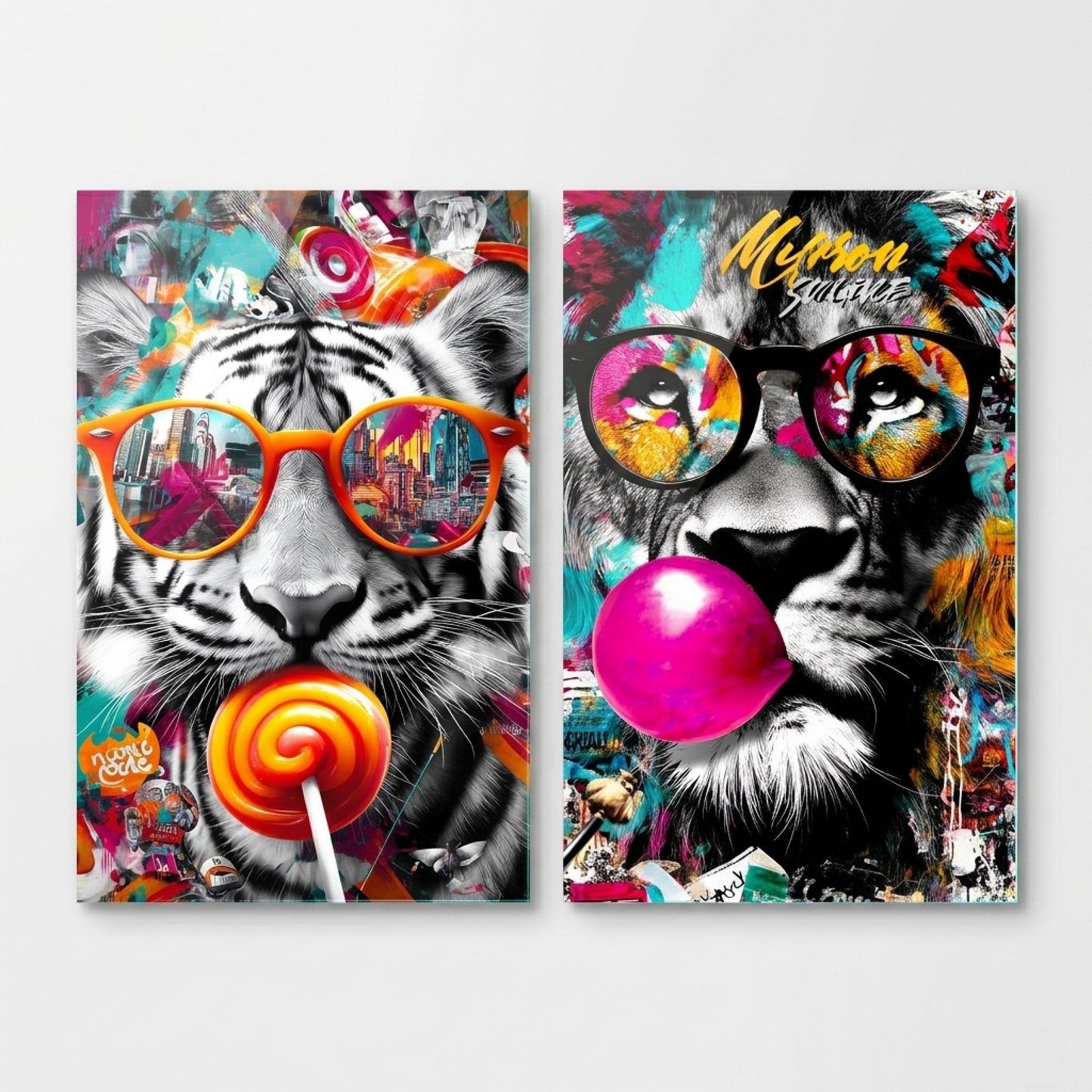 Cool Kaplan ve Aslan Grafiti Duvar Sanatı Dikey 2'li Set Cam Tablo