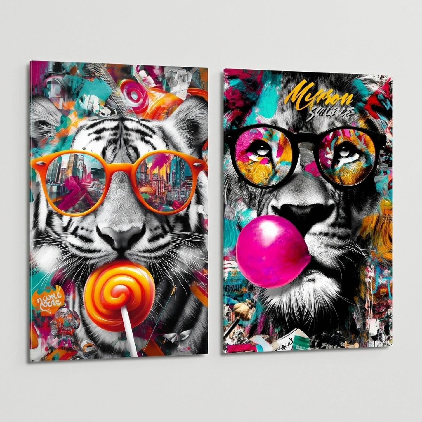 Cool Kaplan ve Aslan Grafiti Duvar Sanatı Dikey 2'li Set Cam Tablo