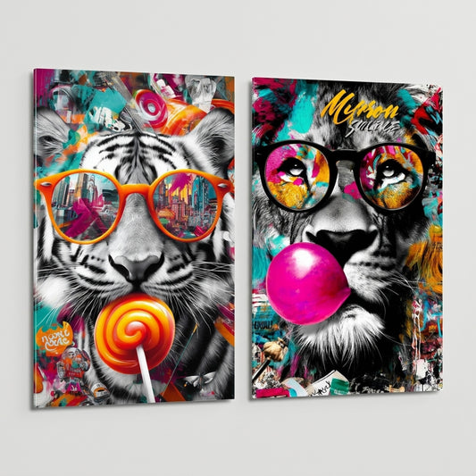 Cool Kaplan ve Aslan Grafiti Duvar Sanatı Dikey 2'li Set Cam Tablo