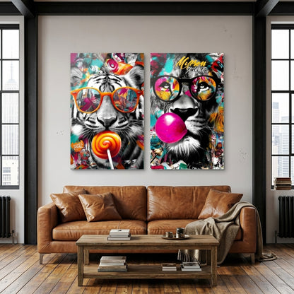 Cool Kaplan ve Aslan Grafiti Duvar Sanatı Dikey 2'li Set Cam Tablo