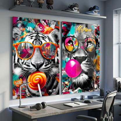 Cool Kaplan ve Aslan Grafiti Duvar Sanatı Dikey 2'li Set Cam Tablo