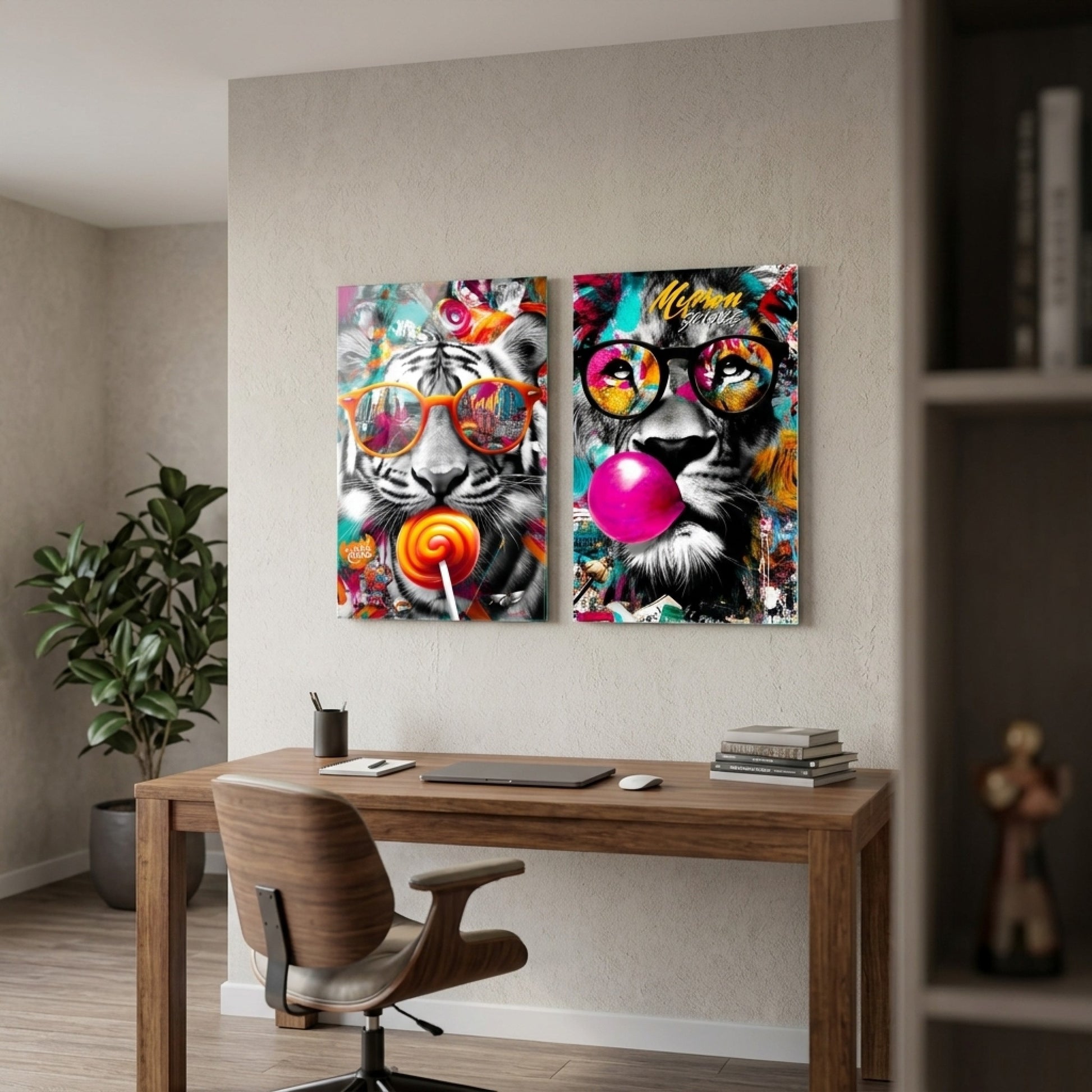 Cool Kaplan ve Aslan Grafiti Duvar Sanatı Dikey 2'li Set Cam Tablo