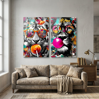 Cool Kaplan ve Aslan Grafiti Duvar Sanatı Dikey 2'li Set Cam Tablo