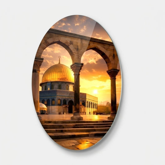 Gün Batımında Kudüs Kubbetü's-Sahra Oval Oval Dikey Cam Tablo