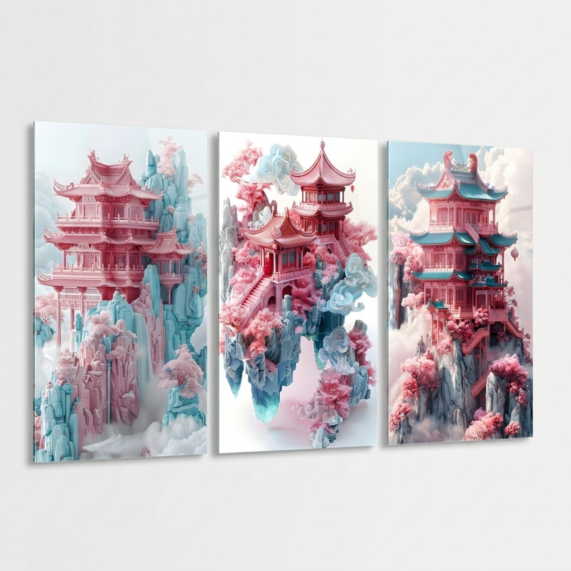 Pembe Pagoda Düşü Çoklu Dikey 3'lü Set Cam Tablo