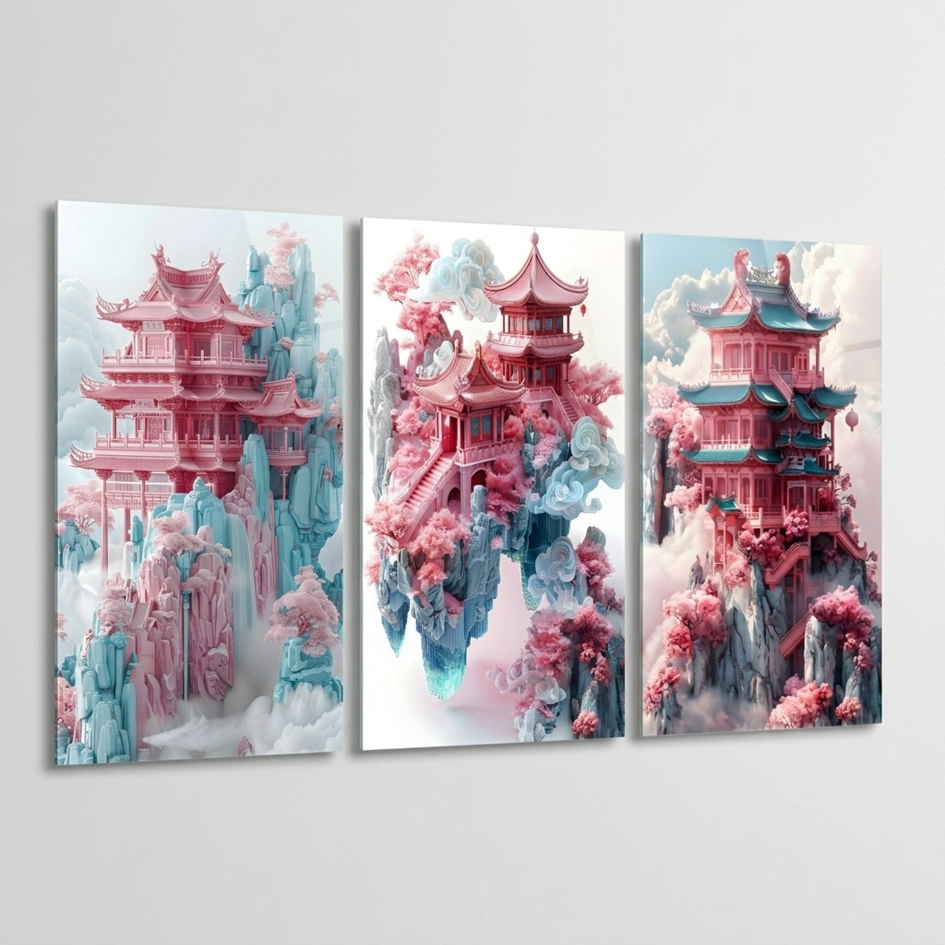 Pembe Pagoda Düşü Çoklu Dikey 3'lü Set Cam Tablo